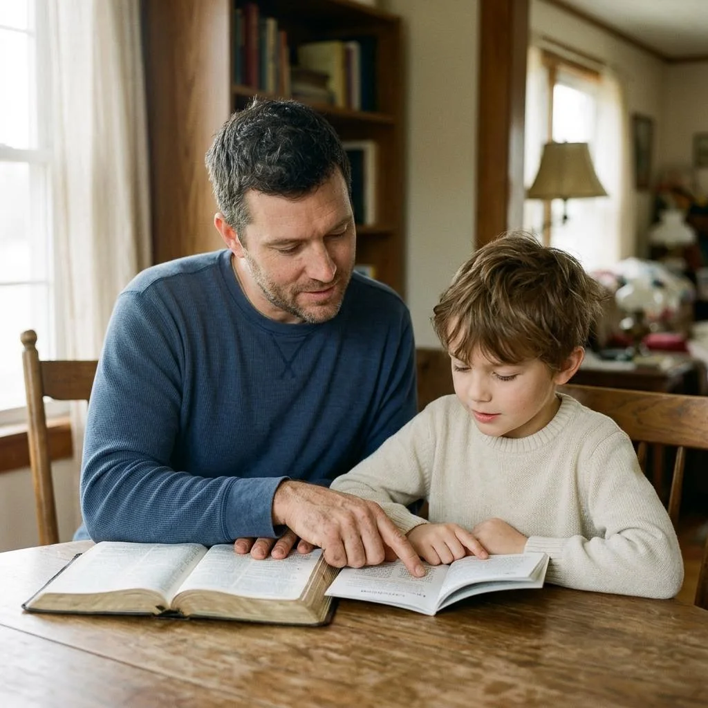 Illustration of a father helping his son study an open catechism booklet and Bible at their family table