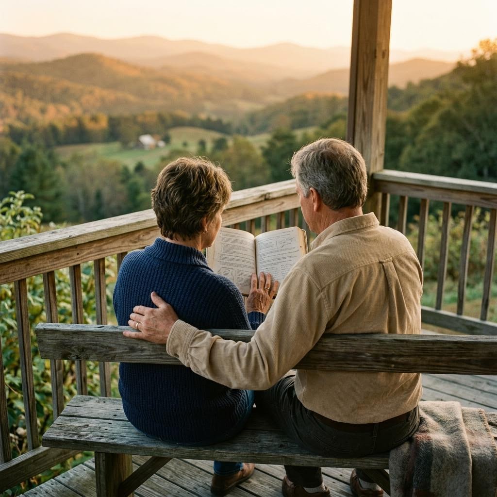 Illustrative image of a couple sitting close together on a porch bench, reading a workbook as evening light falls