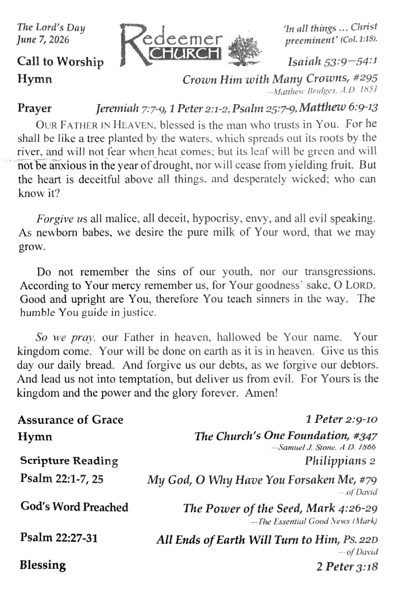 Sample order of service bulletin for Redeemer Church